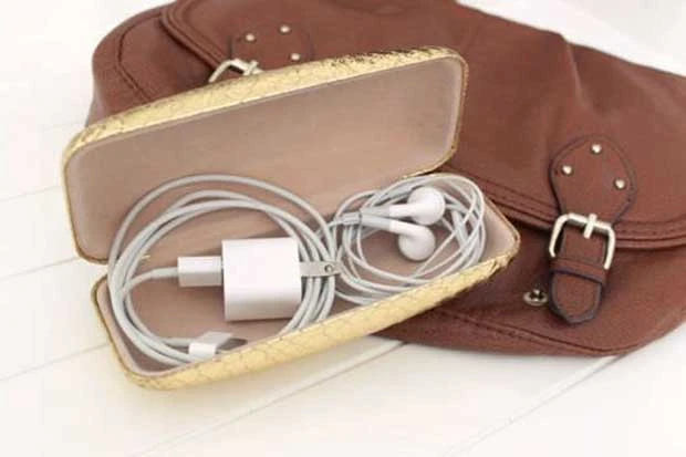 Cable de carga enrollado en organizador de viaje de cuero