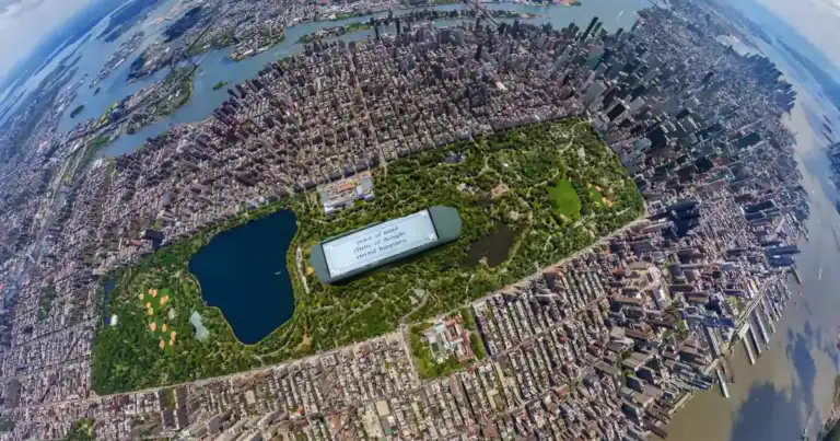 Vista aérea de parque rectangular rodeado de rascacielos y urbanización