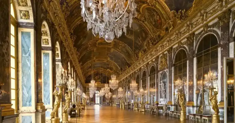 Galería ornamentada con espejos a lo largo de paredes y techo dorado