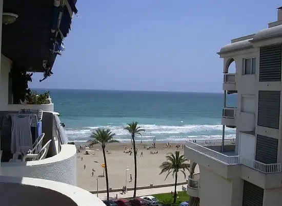 Vista de playa con palmeras y océano desde terraza de edificio costero
