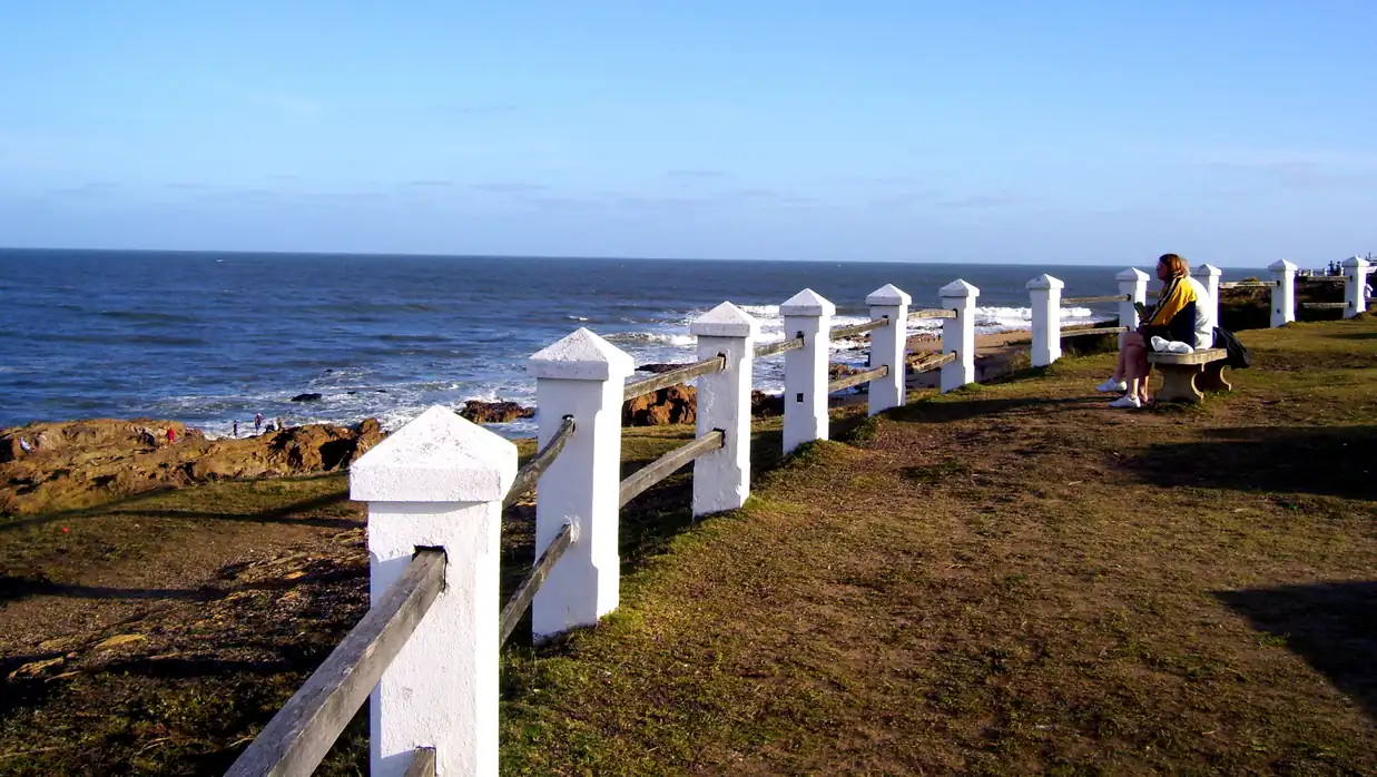 Postes blancos en línea junto a costa rocosa y océano