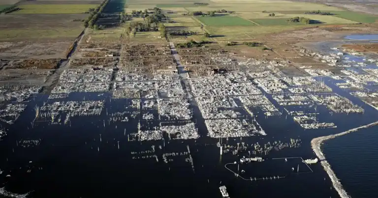 Vista aérea de pueblo inundado con casas y estructuras sumergidas en agua