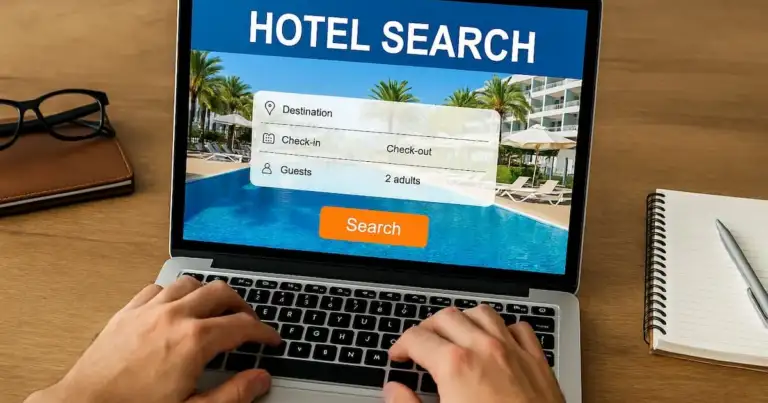 Persona usando laptop para buscar hoteles online, con pasaporte y libreta de viaje sobre la mesa.