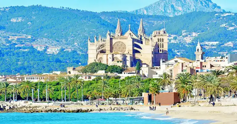 Catedral junto al mar turquesa con palmeras y playas en Palma