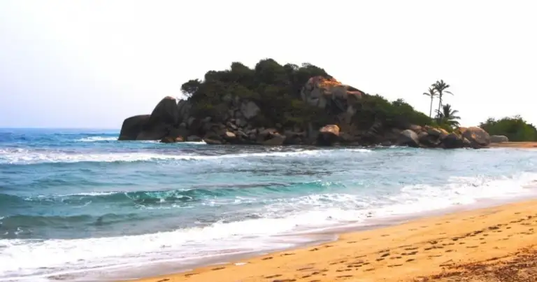 Playa de arena con isla rocosa cubierta de vegetación y aguas turquesas