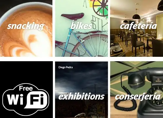 Infografía con iconos: café, bicicletas, WiFi gratis y servicios hoteleros