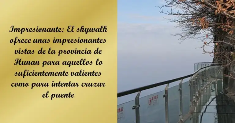 Pasarela de vidrio con barandilla en una montaña, junto a un texto sobre el skywalk de la provincia de Hunan
