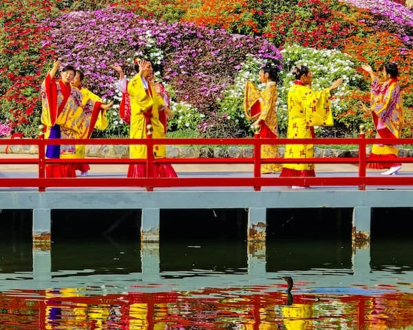 Personas en kimono tradicional ante flores de cerezo en colores variados