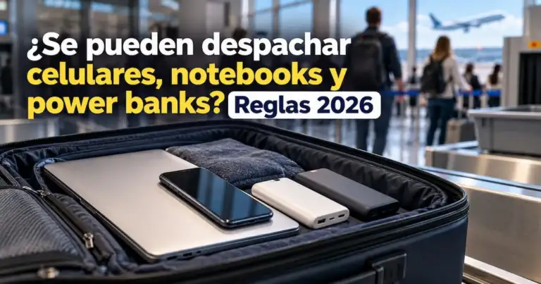 Maleta abierta con notebook, celular y power banks en un aeropuerto