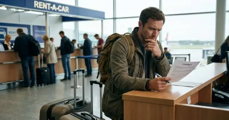 Viajero revisando el contrato al alquilar un auto en el aeropuerto antes de firmar para evitar cargos ocultos.