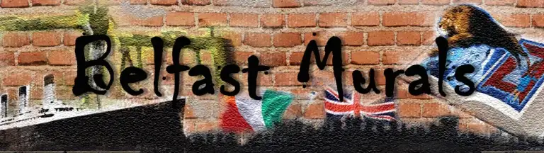Mural de pared de ladrillo con texto 'Belfast Murals' y figura pintada