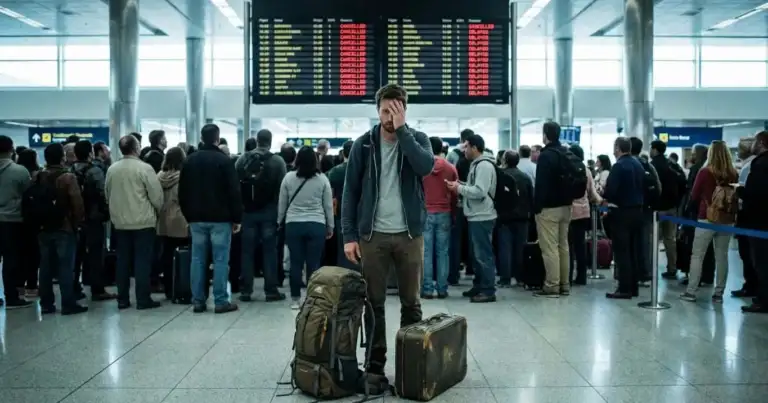 Viajero estresado en el aeropuerto frente a una pantalla con vuelos cancelados y retrasos.