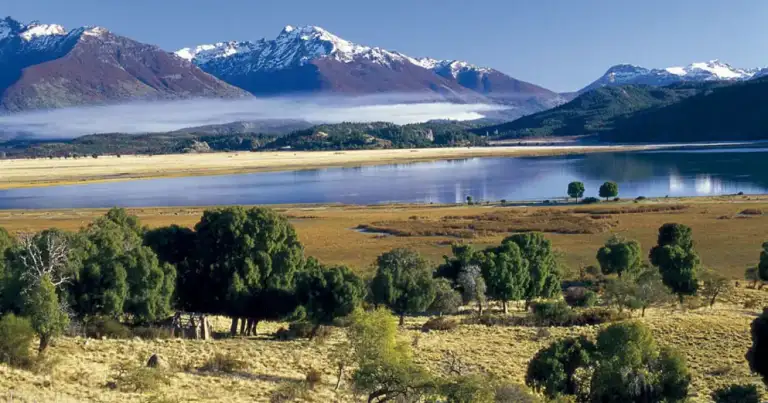 Lago azul rodeado de montañas nevadas, vegetación verde y árboles dispersos
