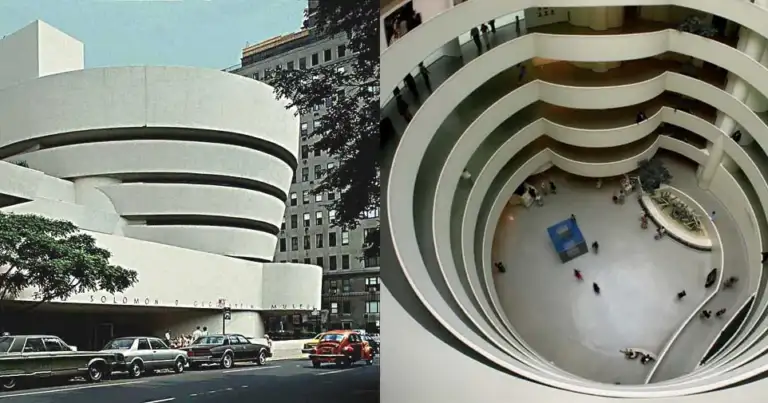 Museos de arquitectura moderna: estructura blanca y vista cenital de espiral interior