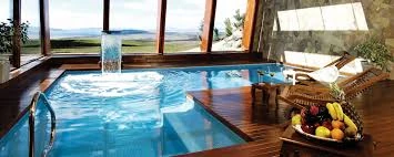 Piscina interior de madera con una cascada, ventanales con vista al paisaje y un frutero junto a las tumbonas