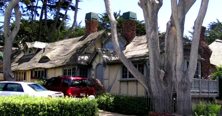 Casa tradicional bajo árboles grandes con garaje de automóviles y paisaje rural