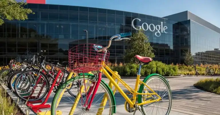 edificio de google, hay una bicicleta de todos colores en la puerta
