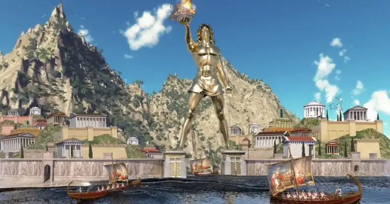 Estatua dorada en ruinas antiguas junto a agua con barcos de remos navegando