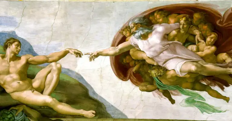 Recreación del fresco La Creación de Adán con figuras clásicas