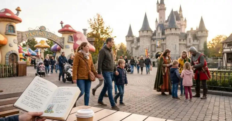 Familias recorriendo un parque temático europeo con castillo medieval y zona infantil Fantasy Zone.