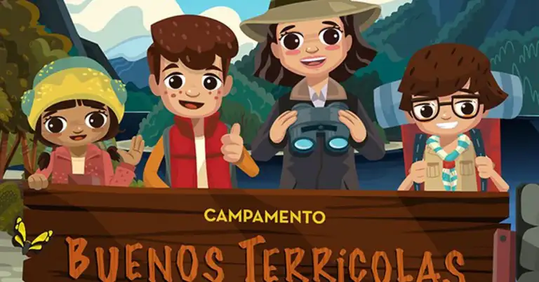 Ilustración de cuatro niños acampantes con texto de Parques Nacionales