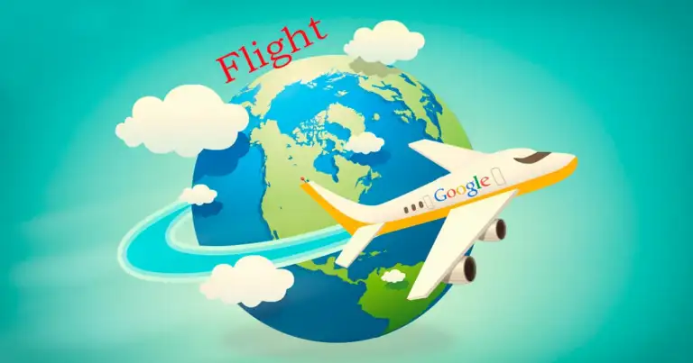 Ilustración de avión Google Flights alrededor de globo terráqueo