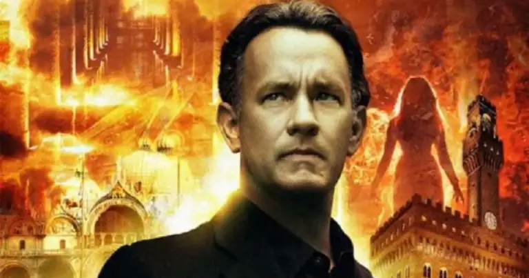 Póster de película con actor y ciudades en llamas de fondo