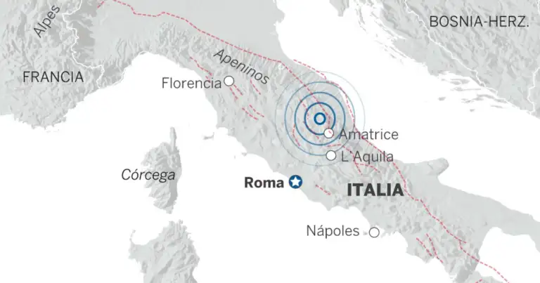 Mapa de Italia con epicentro de terremoto y ciudades principales