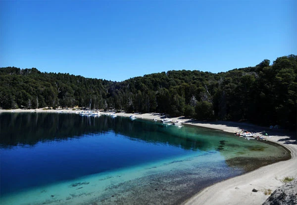 Playa en lago rodeada de bosques de montaña