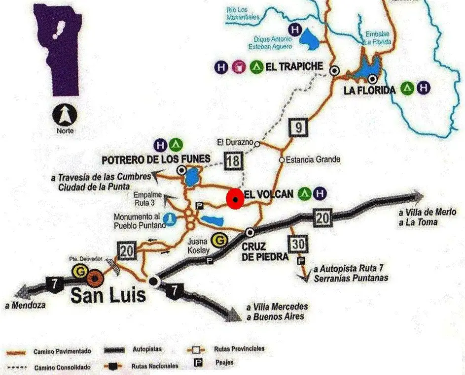 Mapa de San Luis con rutas turísticas, parques y ubicaciones destacadas