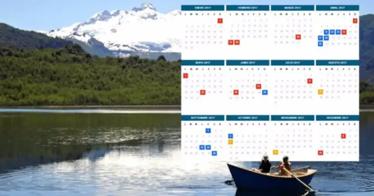 Calendario con feriados marcados junto a imagen de montaña y río con bote