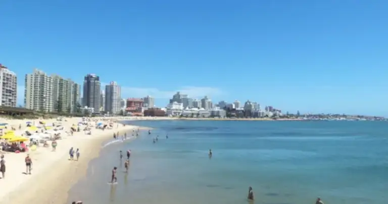 Playa con bañistas y ciudad costera de rascacielos al fondo