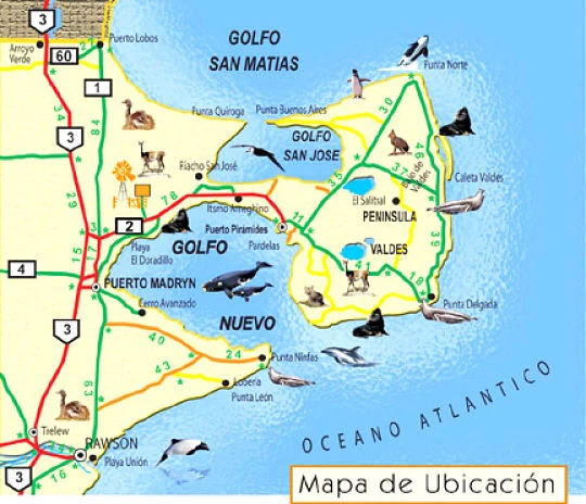 Mapa de ubicación de península con golfos y puntos de interés