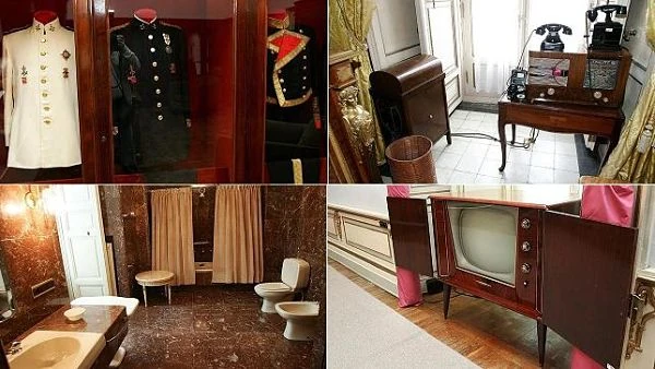 Collage de interiores del Palacio: uniformes, muebles antiguos y decoración