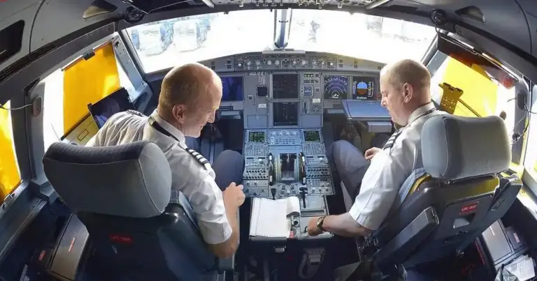 cabina de avión con 2 pilotos tocando los botones