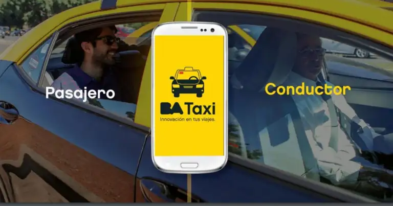 Conductor en taxi amarillo mostrando aplicación móvil BA Taxi