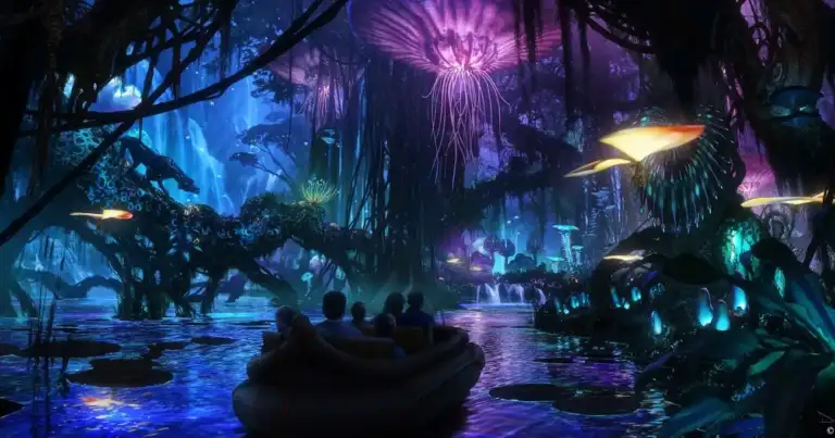 Entorno luminiscente de la selva alienígena de Pandora con estructuras brillantes azules y púrpuras