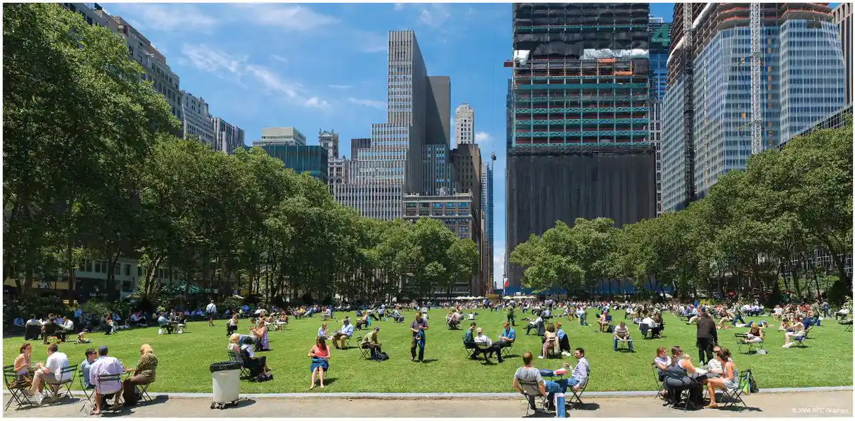 Parque verde urbano entre rascacielos de Nueva York con visitantes sentados