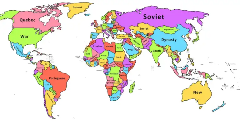 Mapa mundi coloreado por países con palabras como 'Soviet', 'Quebec' y 'Dynasty'