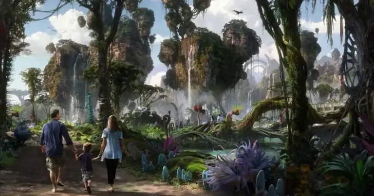 Visitantes en atracción temática Mundo de Avatar con árboles flotantes