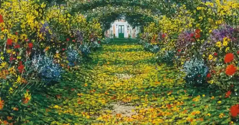 Jardin de Monet en Giverny. Se ve un arco lleno de flores de todos colores