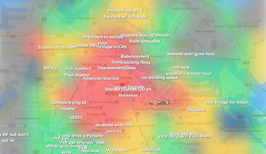 Mapa interactivo de la ciudad mostrando categorías de barrios como hipsters, turistas y ricos