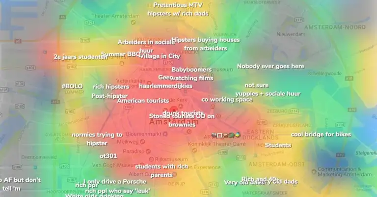 Mapa interactivo de la ciudad mostrando categorías de barrios como hipsters, turistas y ricos