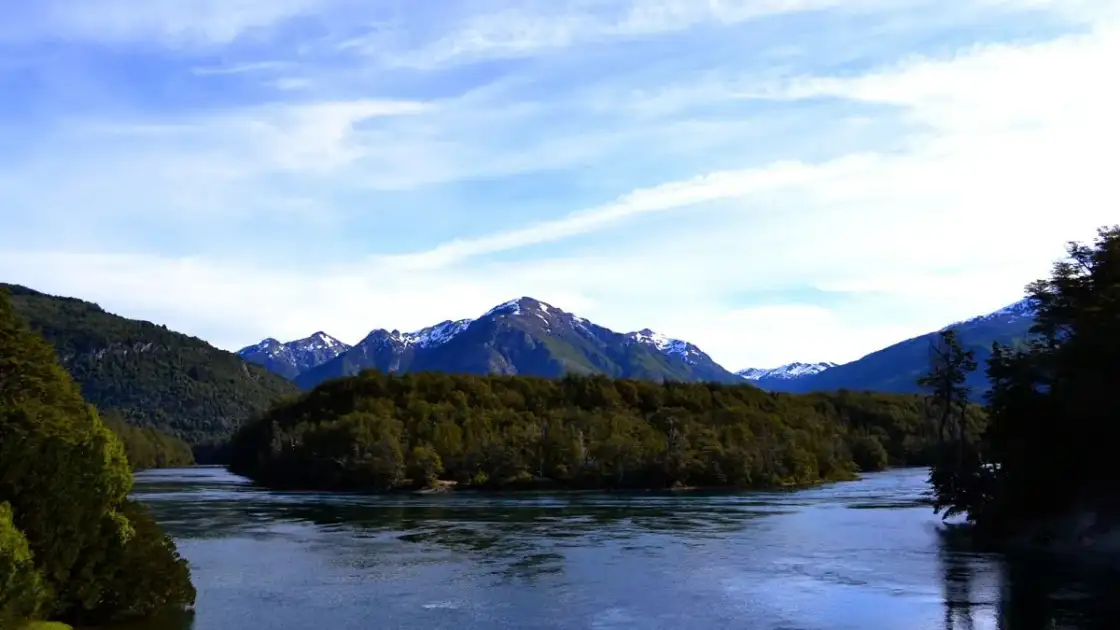 Montañas nevadas junto a río en bosque