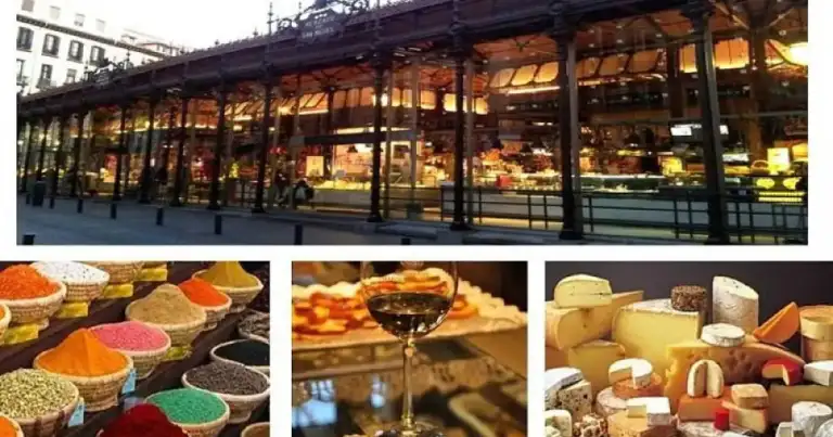 mercado san miguel el foto de arriba y en 3 fotos abajo se ven puestos de comida muy coloridos