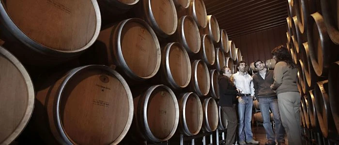 Barriles de madera en bodega de vinos con personas en interior