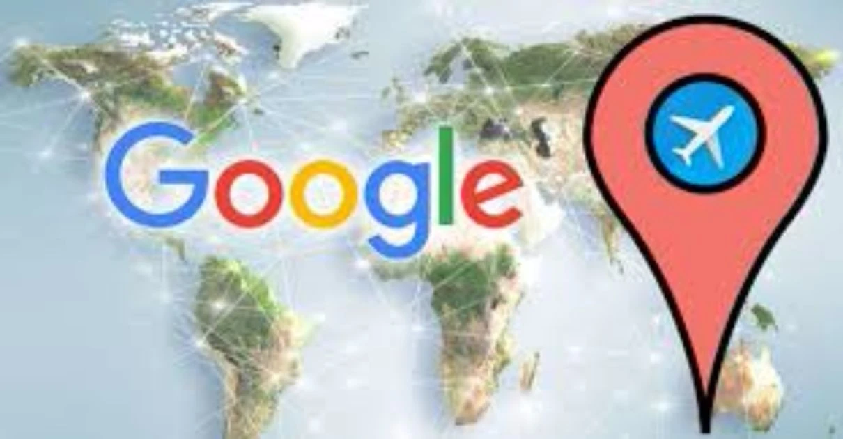 Logo de Google con mapa mundial e icono de marcador de vuelos