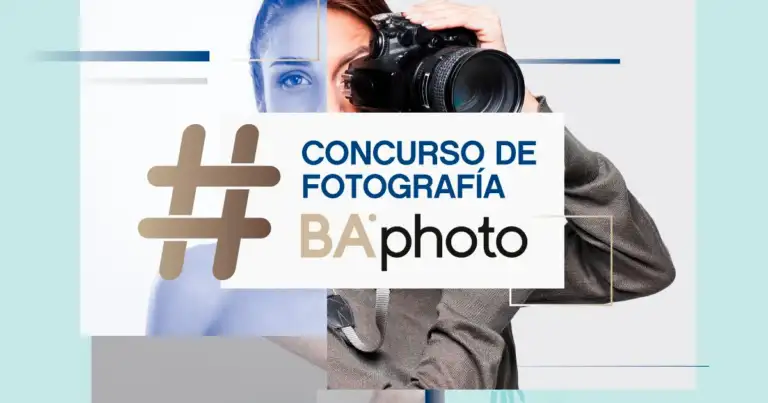 Cartel del concurso de fotografía Baphoto con mujer sosteniendo cámara