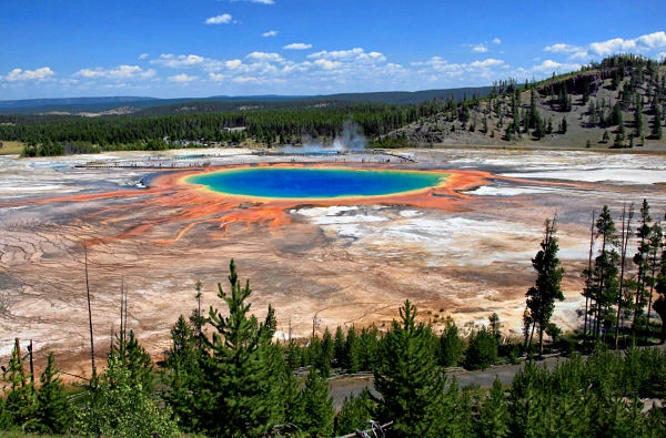 Geiser azul celeste rodeado de minerales naranjas y blancos entre pinos