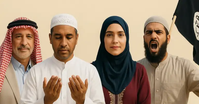 Representación visual de la diversidad entre árabe, musulmán, islámico e islamista en una composición conceptual.